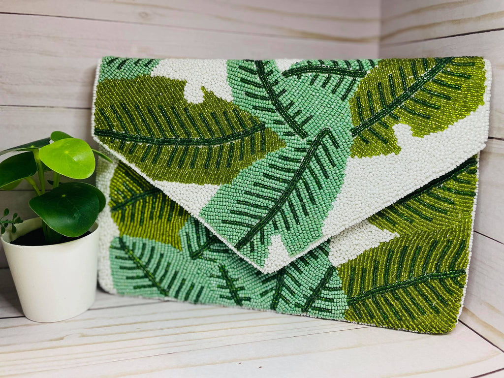 OMG Palm Leaf Beaded Clutch Bag